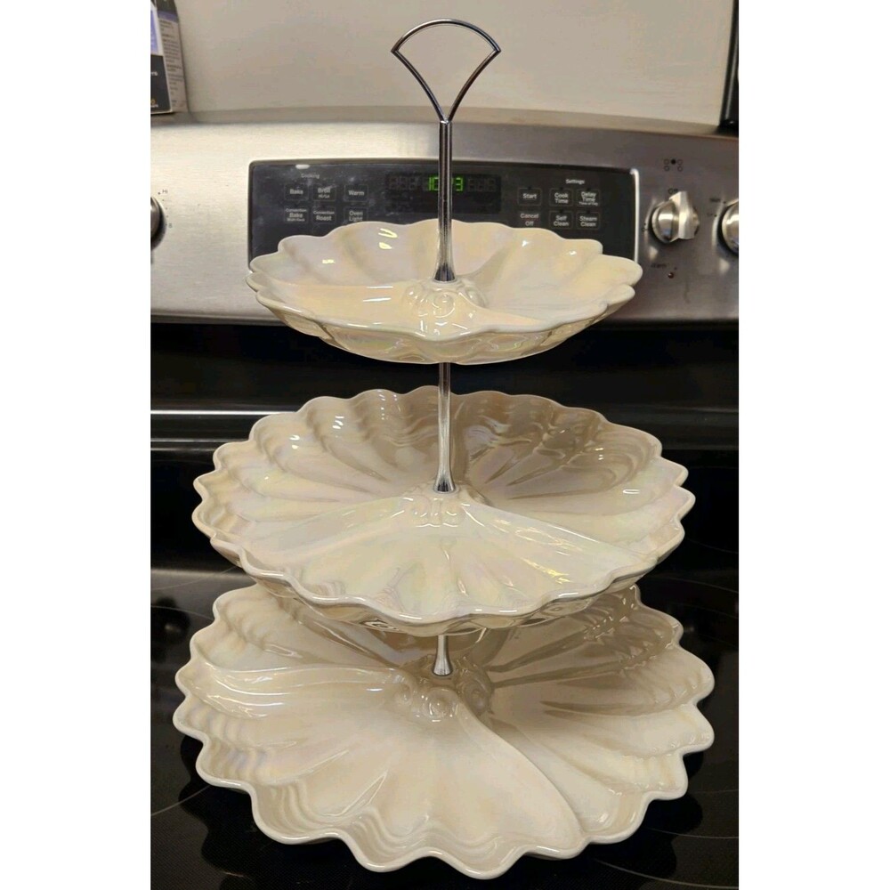 Vintage Maddux Of California Opalescent Cream & Silver 3 Tier Serving Tray READ